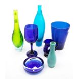 A group of blue and green glassware - vases, jug, ashtray, wine glass, beaker, etc (7)