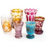 A group of six 19th  and 20th century glass vases, including overlaid and flash