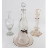 A cut glass candlesticks; etched dish on stand; two decanters (4)