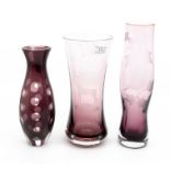 Three purple glass vases, two acid etched (3)