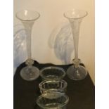 Two 19th century etched glass trumpet shape vases, detachable from base, one base not etched, approx