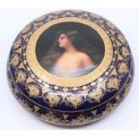A large continental circular box and cover, the lid transfer printed with portrait of a lady,