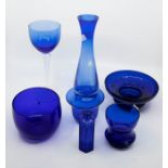 A group of blue glassware, including vase, bowls, glass, scent bottle (7)