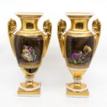 A pair of continental porcelain twin handled vases, painted with tavern scenes, approx 28cm high