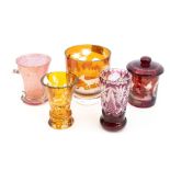 Five amber and ruby flash glass vase, cup, glass, etc (5)