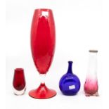 A Bristol blue bottle; ruby and cranberry glass