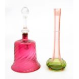 A large cranberry glass bell; and a watermelon glass vase (2)