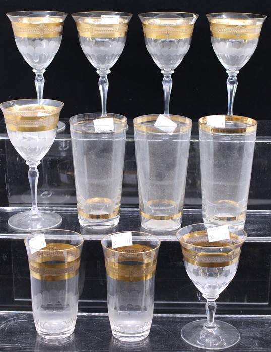 A group of gilt rimmed drinking glasses, wine and beakers (11)