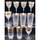 A group of gilt rimmed drinking glasses, wine and beakers (11)
