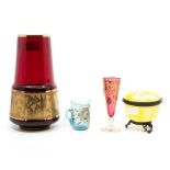 Glassware - yellow glass box and cover; continental gilt liqueur glasses; a gilt red glass vase (4)
