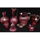Cranberry glass - ewer, jugs, silver-mounted twin handled pot; vase; etc (8)