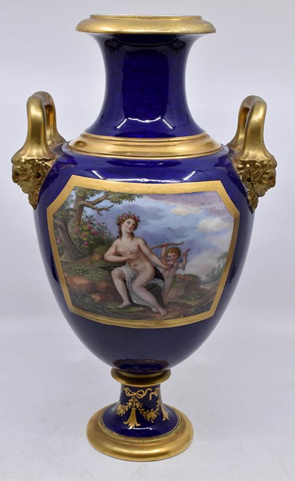 A 19th century twin-handled pedestal vase, painted with cupid and a nude, the reverse with - Image 2 of 2