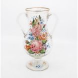 A 19th century twin-handled glass vase, painted with flowers