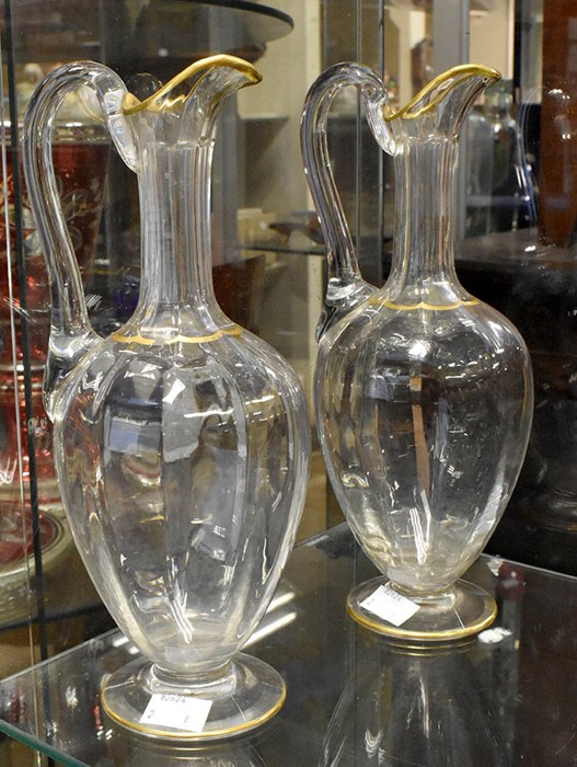 A pair of Edwardian glass ewers, gilt line detail; and a set of six wine glasses (8) - Image 2 of 2