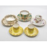 A pair of Staffordshire eggshell cans and saucers; three continental tea cups and saucers (5)