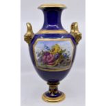 A 19th century twin-handled pedestal vase, painted with cupid and a nude, the reverse with