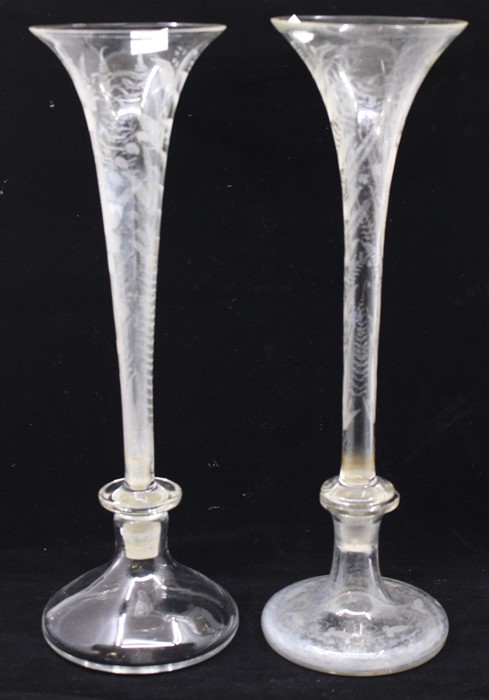 Two 19th century etched glass trumpet shape vases, detachable from base, one base not etched, approx - Image 2 of 2