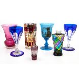 19th century and later glassware, turquoise glass inscribed 1803; other gilt and coloured glass (7)