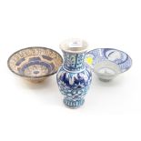 Iznik style vase; two middle eastern style bowls (3)
