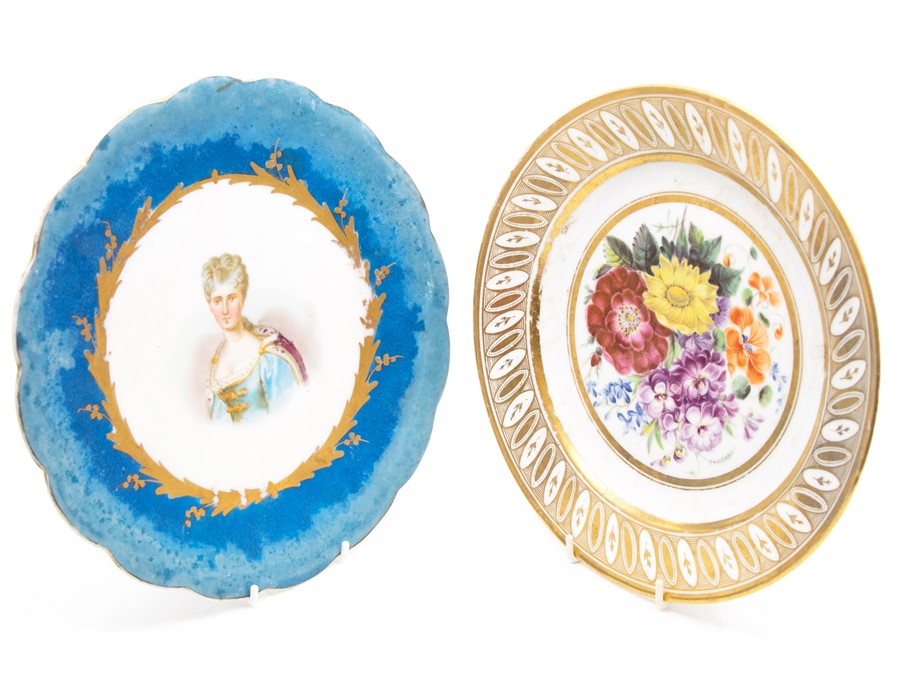 A Sevres porcelain plate, painted portrait to centre, titled to verso; and a 19th century floral