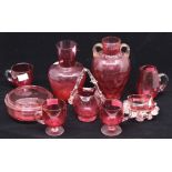 Cranberry glass - vases; cups; dishes (9)