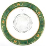 A large glass plate, green and gilt border, star cut base