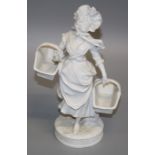 A Volkstedt parian figure of a young lady wearing a ribbon tied bonnet carrying posy and two