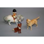 A John Beswick Thelwell figure of a girl on a Shetland pony, a Beswick Labrador and a seated fox (