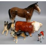 A large brown Melba ware racehorse, a Melba Hereford bull, a Beswick German Shepherd dog, a large