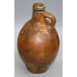 A possibly 18th century Bellarmine type salt glazed stoneware flask of baluster form with simple