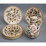a set of six Zsolnay Pecs, 21cm diameter plates each decorated with gilt bordered bold floral forms,