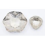 Two silver reticulated bonbon dishes, comprising Victorian heart shaped bonbon dish, Birmingham 1896