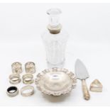 A collection of silver to include: Modern hob nail cut spirit decanter and stopper, silver collar,