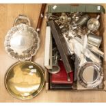 A collection of silver plated items including food warmer, flat wares, bed pan, pewter plated