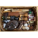 A carved Black Forest casket, and a bear; collectables including hip flask, medicine bottles, 19th