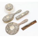 A Victorian style dressing table set, including brushes, comb, mirror and powder pot, W I Broadway &