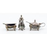 A Georgian style silver three piece condiment set, by Mappin & Webb, Birmingham, 1973, with blue