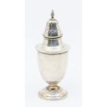 An Edwardian silver urn shaped sugar caster, plain body with pierced cover wyvern finial, by Charles