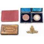 Nottingham School medallions Victorian, in cases, military badge, old pocket bibles, boots, glass