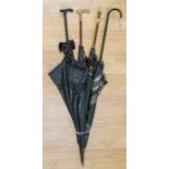 A collection of early to mid 20th Century umbrellas including late Victorian mourning and Edwardian