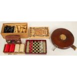 Wooden chess pieces in box with draught pieces, boxed vintage travel chess, cased theatre glasses