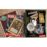 A collectors lot including coins, glove box, brass and plated wares, dressing table items and