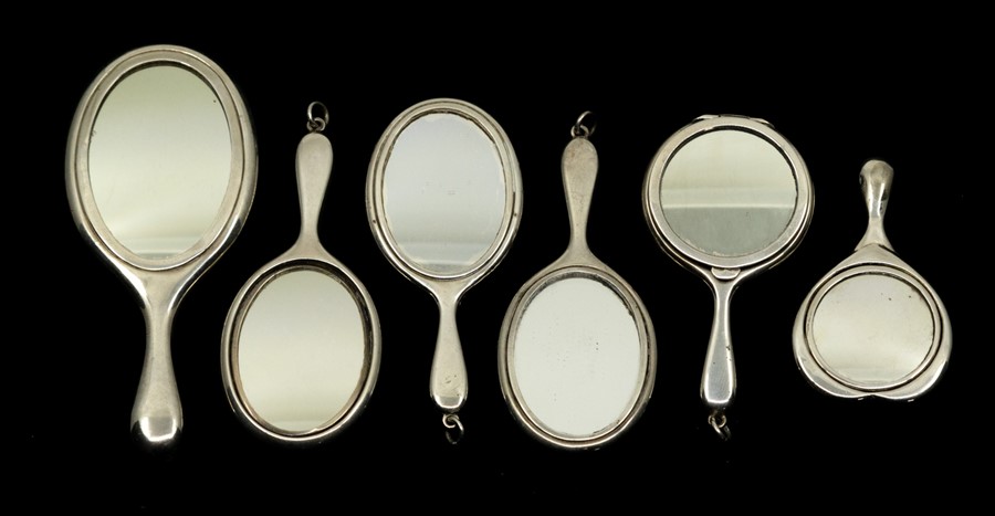 A collection of six miniature or toy silver hand mirrors, three with bright cut engraved backs, - Image 2 of 2