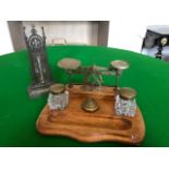 An Edwardian light oak desk inkstandish, double clear hobnail cut glass cube inks, pen well and