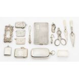 Silver smoking and other accessories and requisites, to include a stamp/sovereign fob combined,