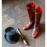 An Edwardian black silt top hat, the opening approximately 19cm by 15.5cm, together with a pair of