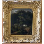 British School, circa 1820, a wooded landscape with a figure on a meandering path, oil on panel,