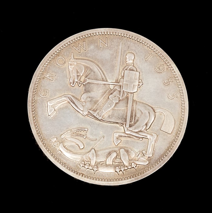 Coin, George V proof crown, 1935, raised edge, rev. stylized St George and the dragon, in the