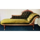 A Victorian mahogany chaise lounge, circa 1880, foliage carving crest rail uniting a button back