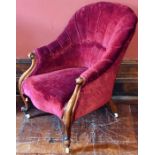 A mid Victorian walnut framed parlour armchair, circa 1860, curved back, crimson velvet type